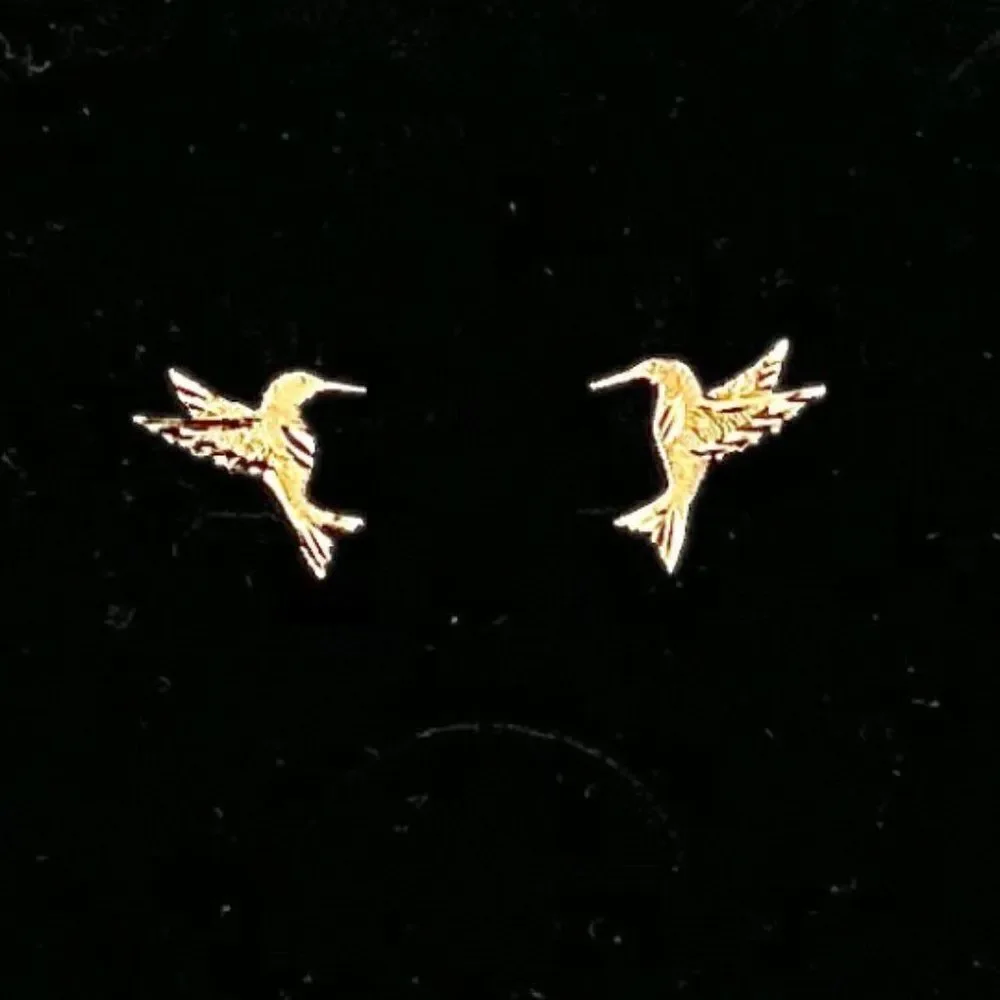 14k Yellow solid Gold Hummingbird Stud Earrings (11 X 12mm) | Gift | Real Gold |